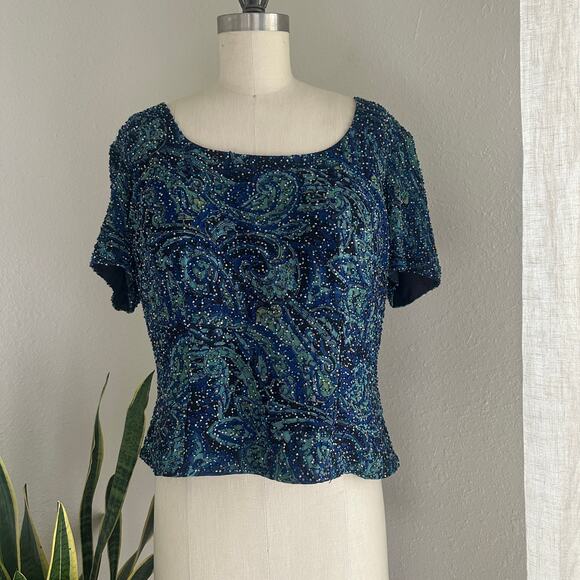 Cecily Brown Women’s Xl Blouse Blue Navy SILK  Sequin Top Vintage Glam - Picture 1 of 5
